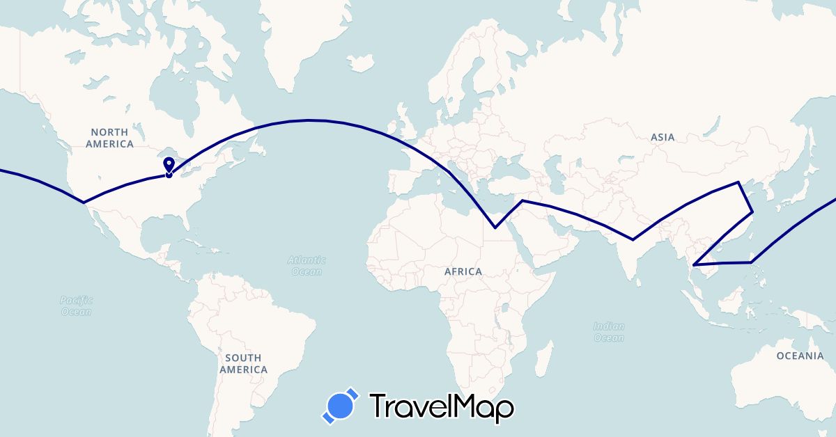 TravelMap itinerary: driving in China, Egypt, India, Italy, Philippines, Syria, Thailand, United States (Africa, Asia, Europe, North America)